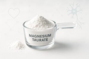 Magnesium taurate powder in a scoop with heart and sleep icons