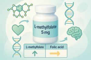 L-methylfolate 5 mg supplement bottle with DNA, heart, and brain icons in scientific infographic style.