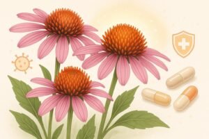 Echinacea coneflower and supplements illustrated for immune health and wellness